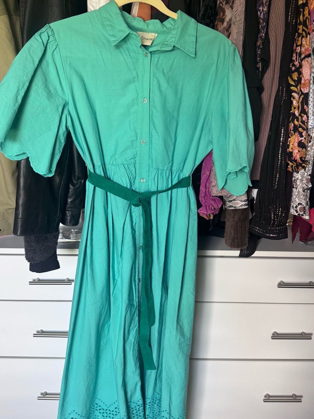 Teal Button-Front Midi Dress with Belt